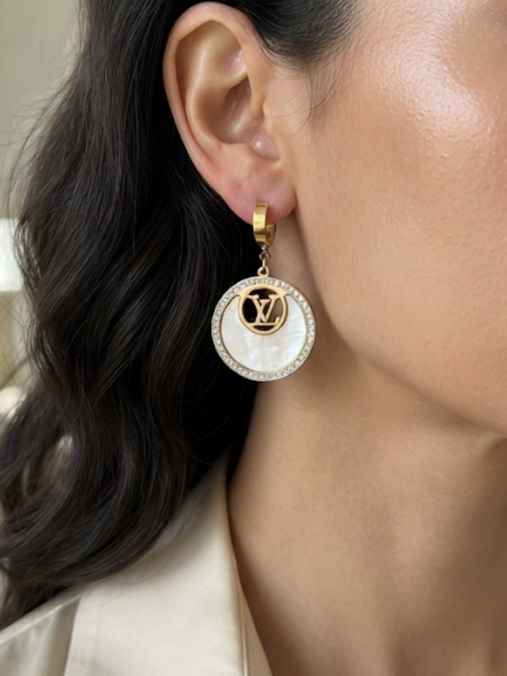 Brand New !!  Gold and Mother-of-Pearl LV Drop Earrings with Crystal Border